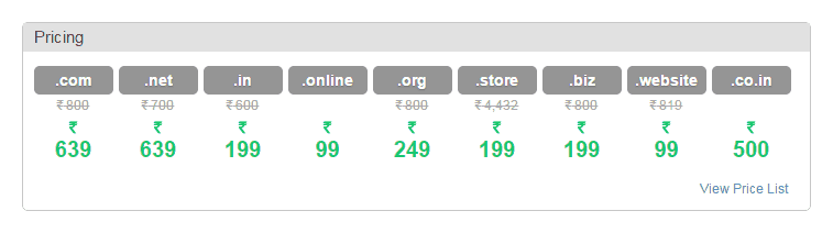 BigRock Domain Prices List