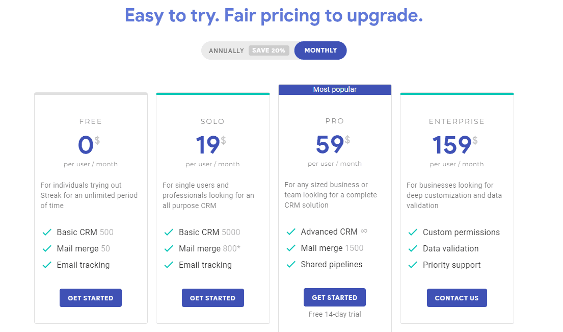 Streak CRM Software Pricing
